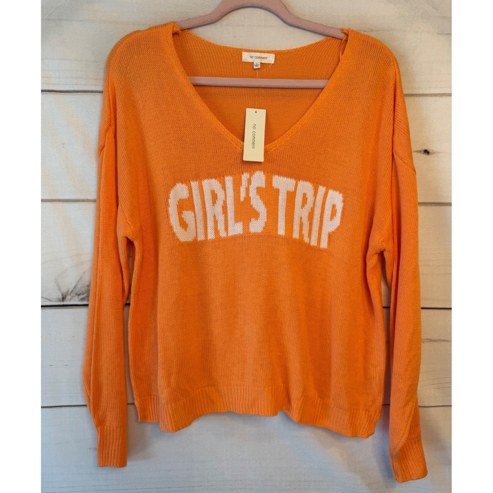 No Comment Girls Trip Orange V-Neck Graphic Knit Sweater RS635378 Womens L NEW